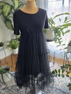 Black Tulle Midi Dress Layered Mesh Skirt Short Sleeve Romantic A-Line Dress Siz